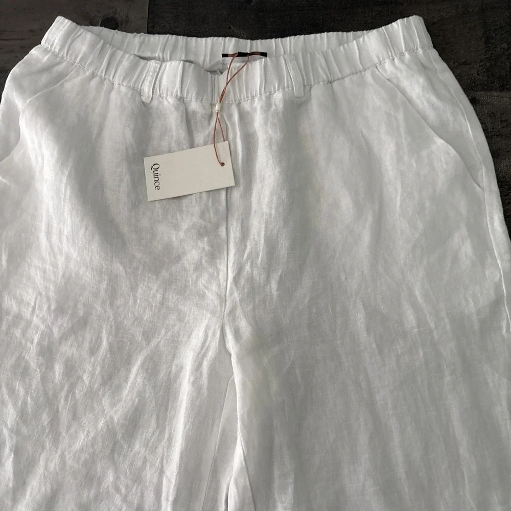 NEW Quince 100% European Linen Pants White L Elastic Waist Womens pull on